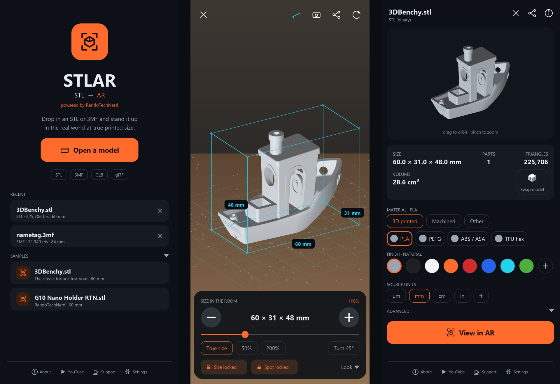 STLAR app - home, AR placement, and viewer